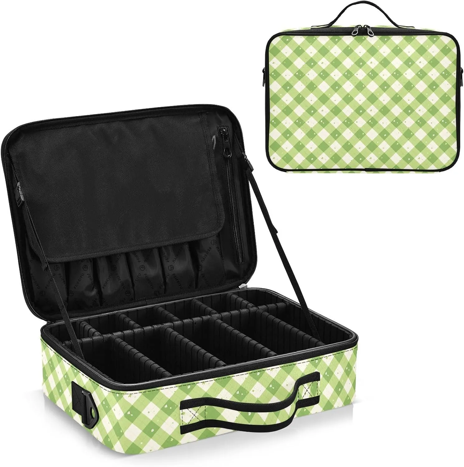 junzan Plaid Large Makeup Organizer Bag Travel Makeup Train Case Flat Make Up Artist Case with Dividers and Adjustable Strap Neon Green