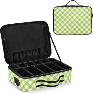 junzan Plaid Large Makeup Organizer Bag Travel Makeup Train Case Flat Make Up Artist Case with Dividers and Adjustable Strap Neon Green