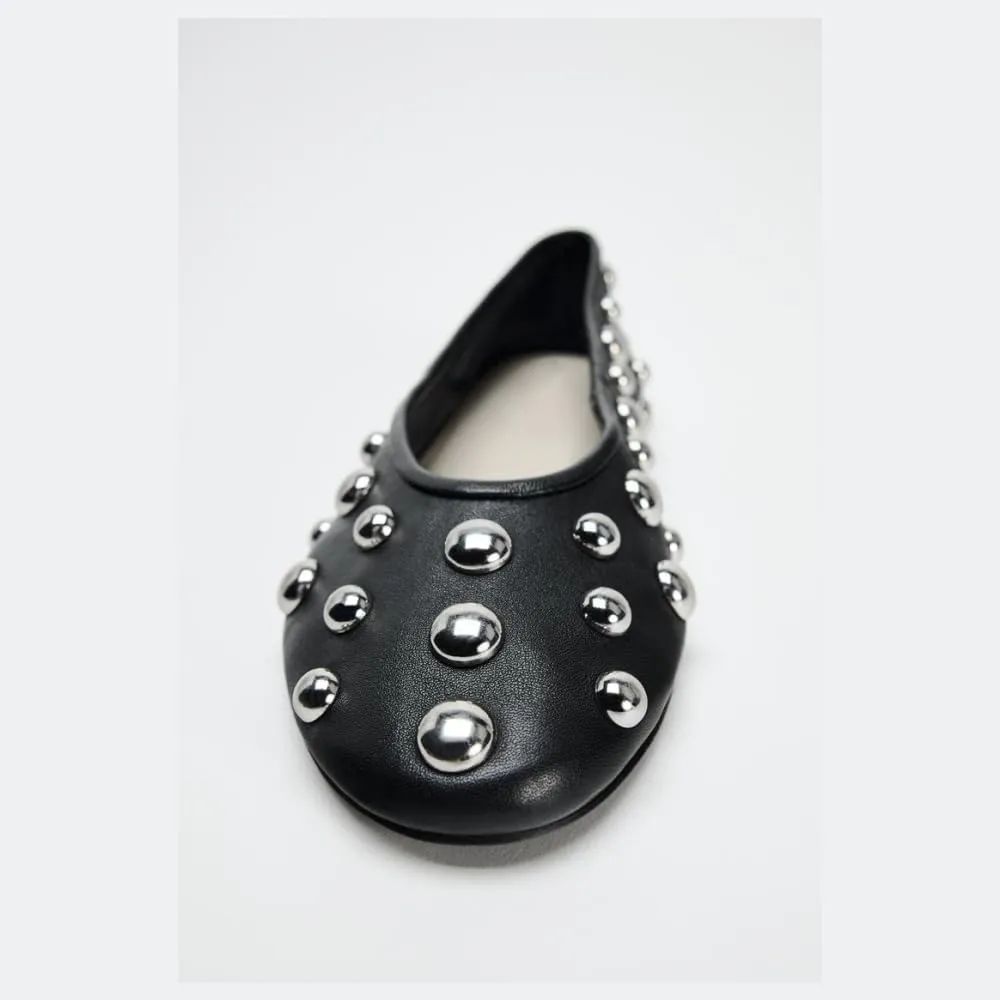 keleimusi Studded Leather Ballet Flat for Women Round Toe Buckle Strap Slip On Mary Jane Flats Comfortable Casual Fall Ballerina Shoes
