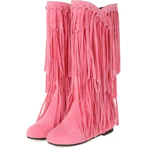 KiutSymo Women's Flat Mid Calf Fringe Boots Wide Calf Tassel Boots Round Toe Slip On Warm Winter Boots