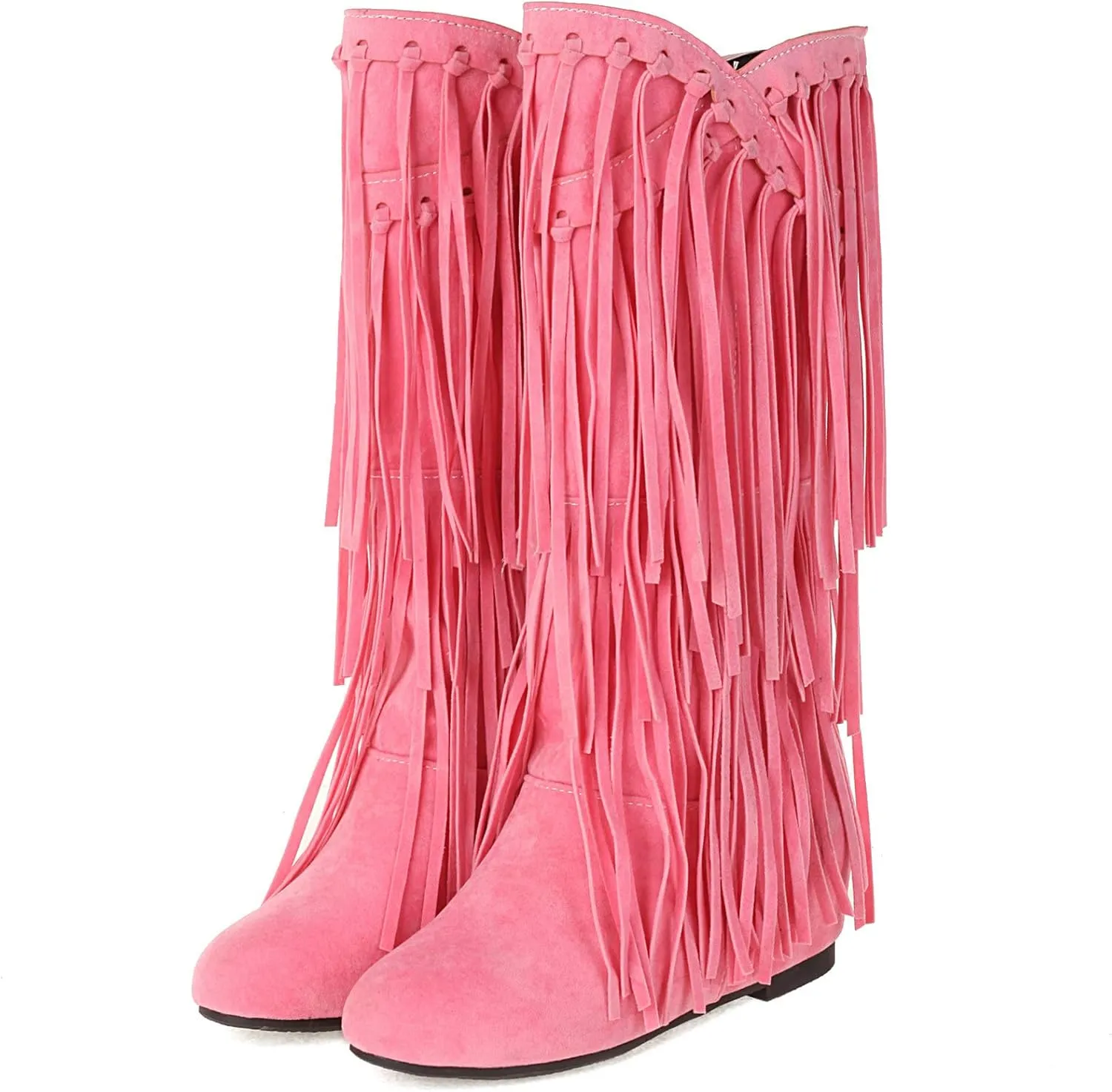 KiutSymo Women's Flat Mid Calf Fringe Boots Wide Calf Tassel Boots Round Toe Slip On Warm Winter Boots