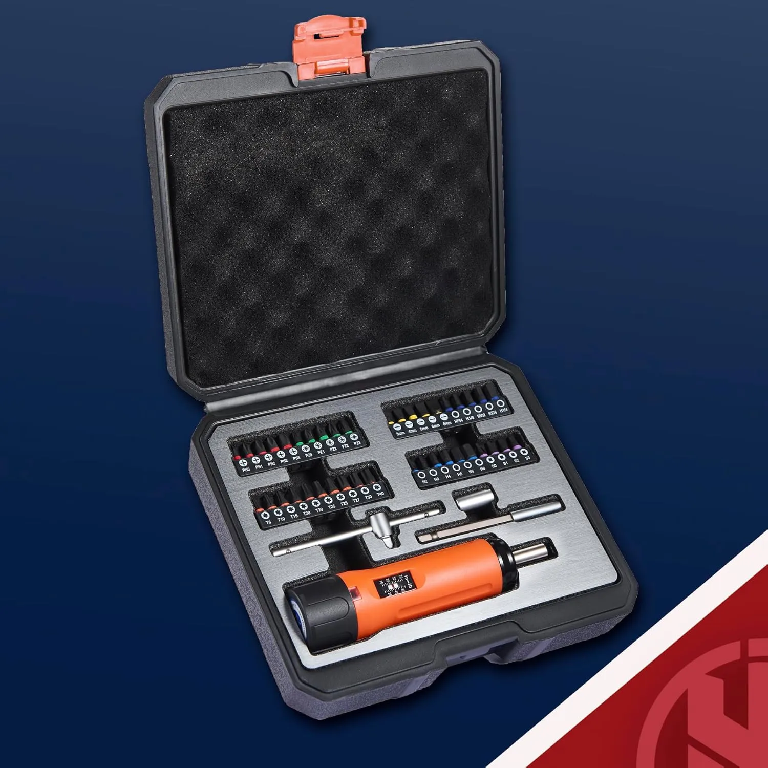 KNINE OUTDOORS Torque Screwdriver Wrench Driver Set 10-70 Inch Pounds lbs for Maintenance with T-bar Handle, 40 Hex Bits, 1/4" Socket, Shaft Extension, For Tools, Bike Repairing and Mounting (Orange)