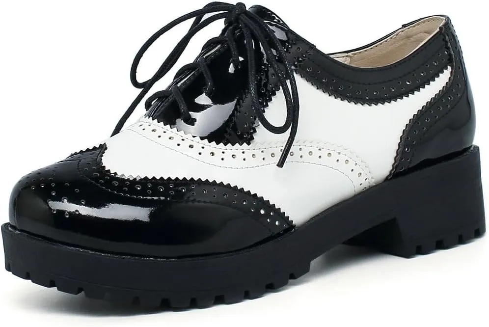 KOKOMOMO Vintage Dress Shoes Platform Wingtip Oxford Shoes Lace Up Chunky Heel Brogue Shoes