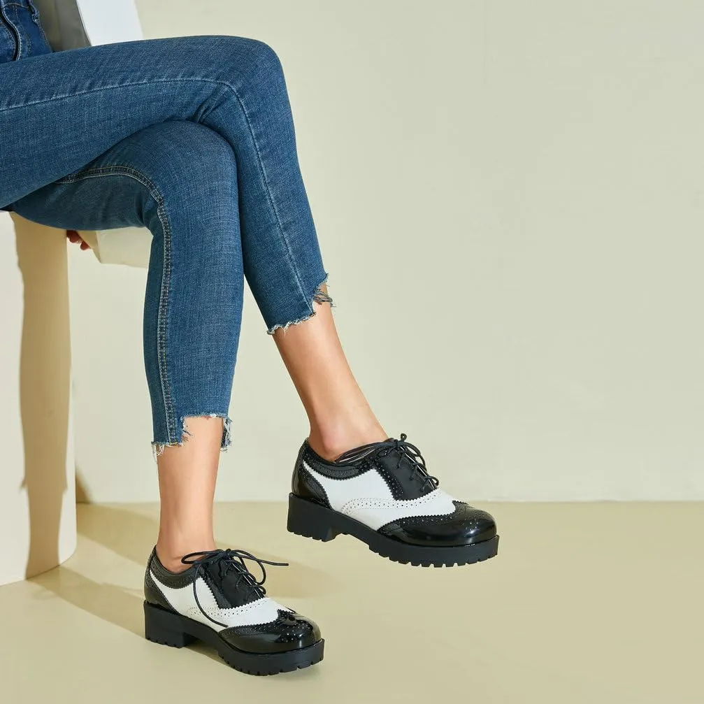 KOKOMOMO Vintage Dress Shoes Platform Wingtip Oxford Shoes Lace Up Chunky Heel Brogue Shoes
