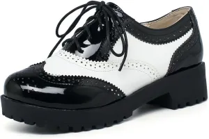 KOKOMOMO Vintage Dress Shoes Platform Wingtip Oxford Shoes Lace Up Chunky Heel Brogue Shoes