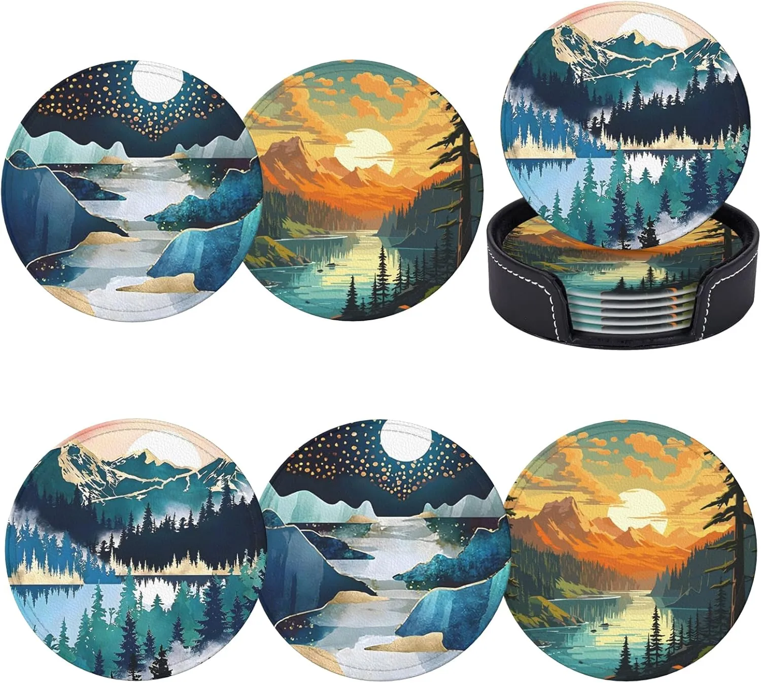 Landscape Mountain Leather Drinks Coasters with Holder, Suitable for Kinds of Cups, Set of 6