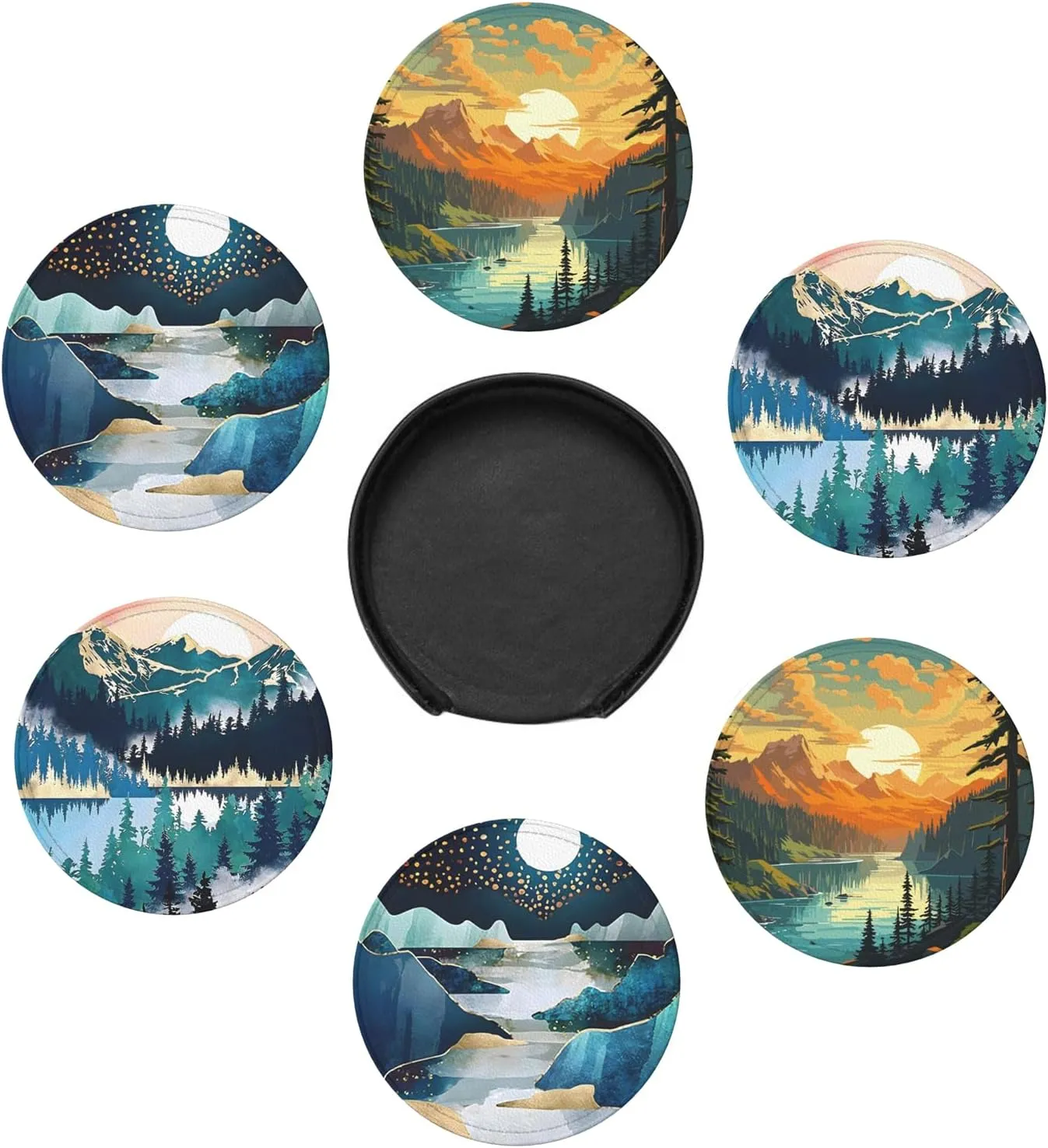 Landscape Mountain Leather Drinks Coasters with Holder, Suitable for Kinds of Cups, Set of 6