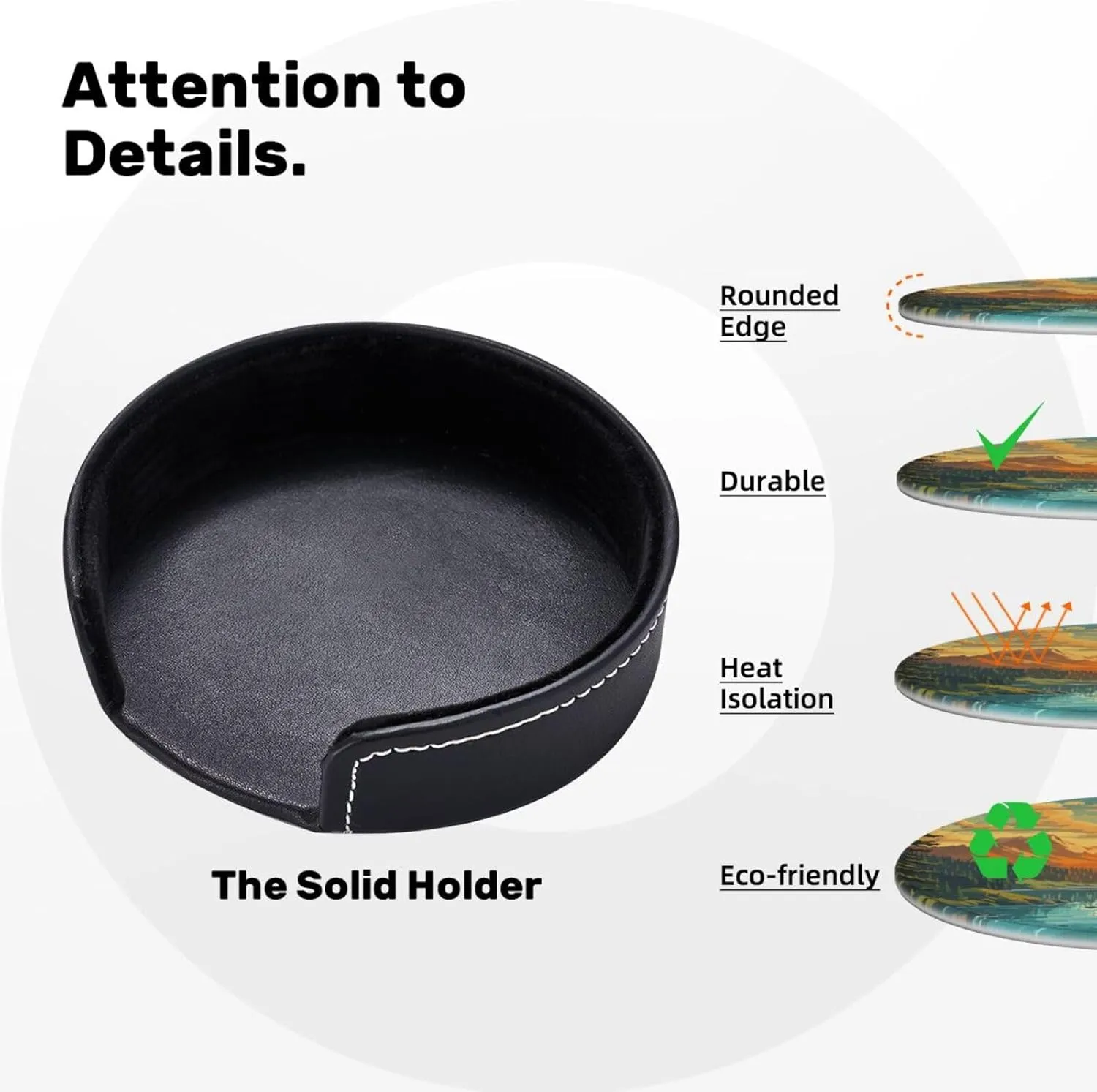 Landscape Mountain Leather Drinks Coasters with Holder, Suitable for Kinds of Cups, Set of 6