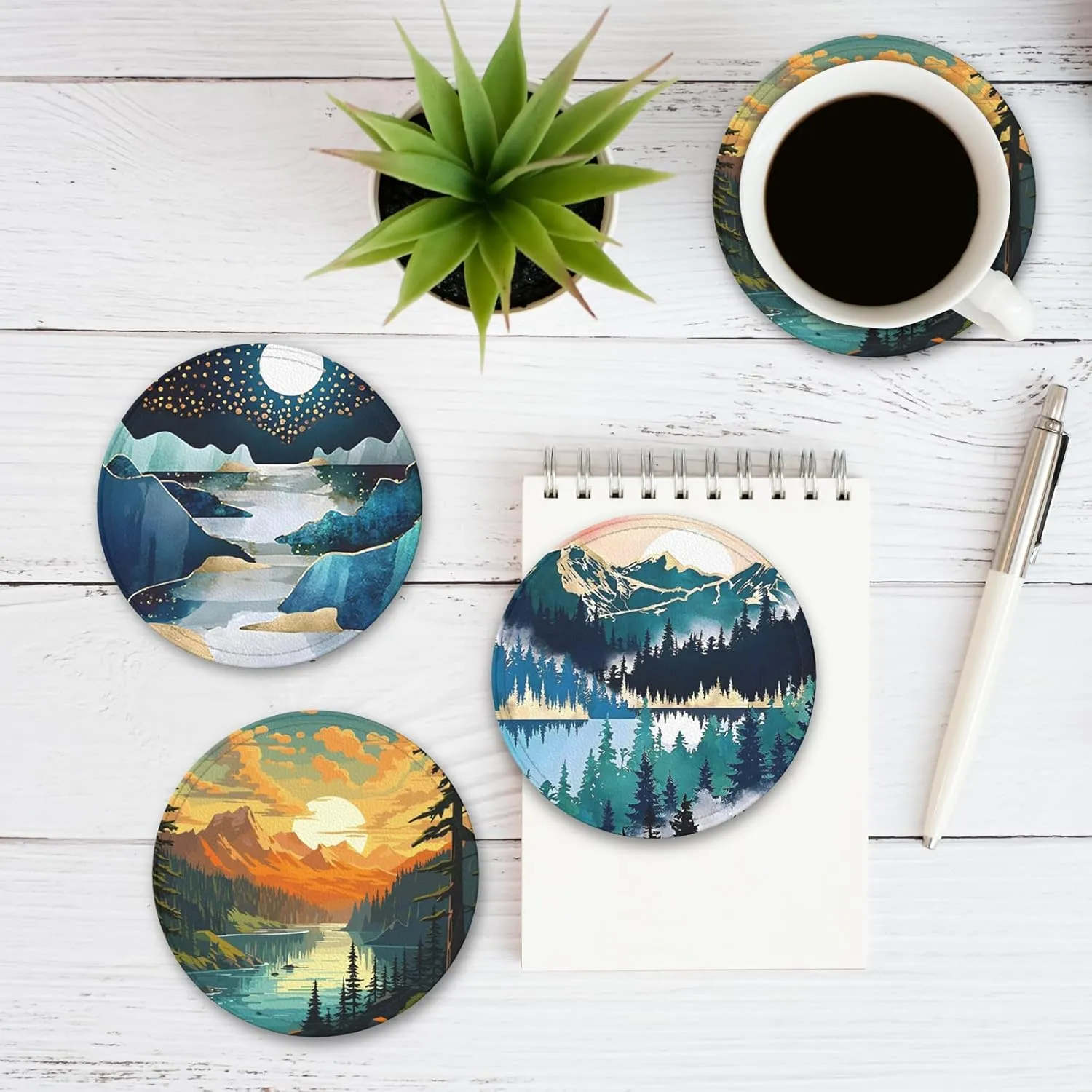 Landscape Mountain Leather Drinks Coasters with Holder, Suitable for Kinds of Cups, Set of 6