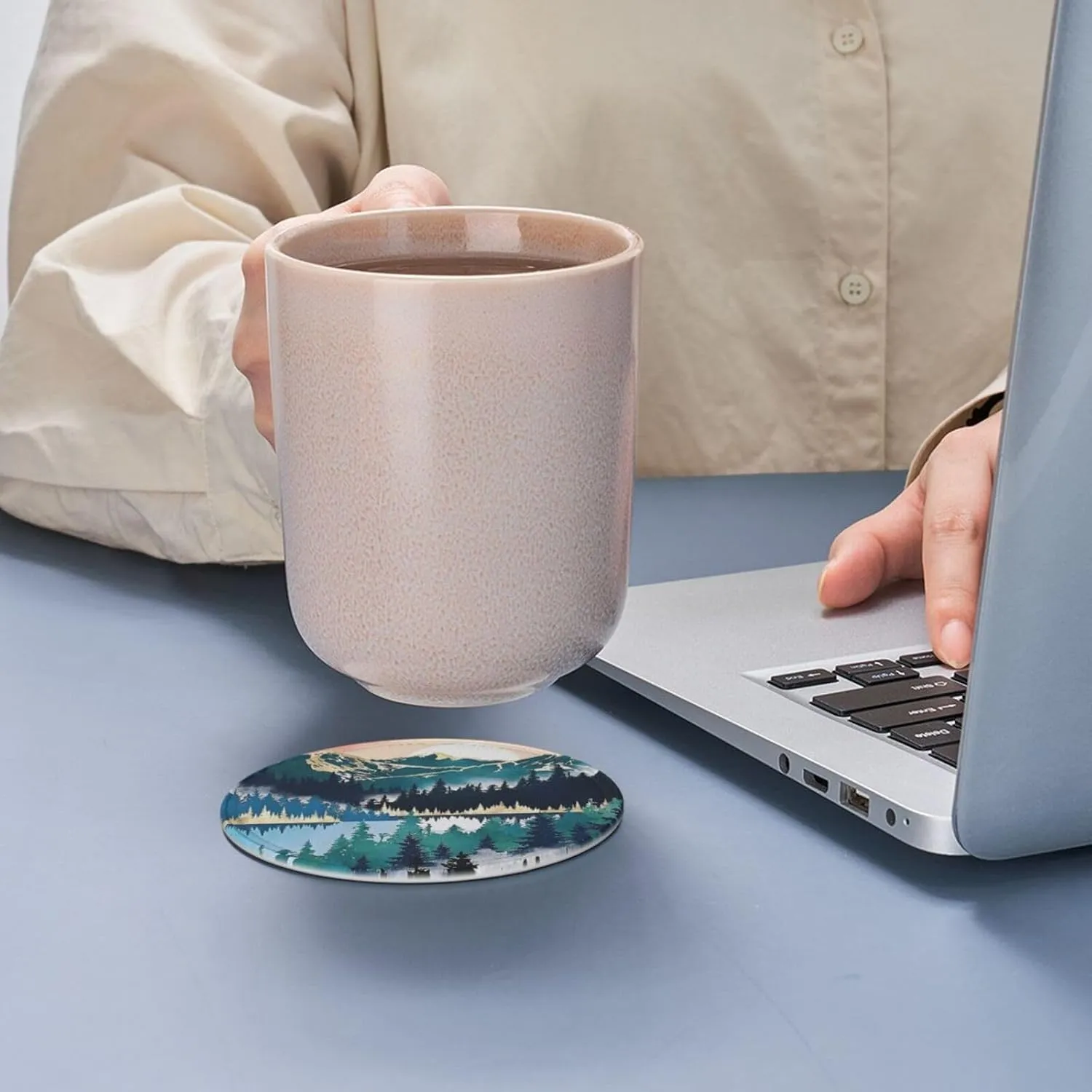 Landscape Mountain Leather Drinks Coasters with Holder, Suitable for Kinds of Cups, Set of 6