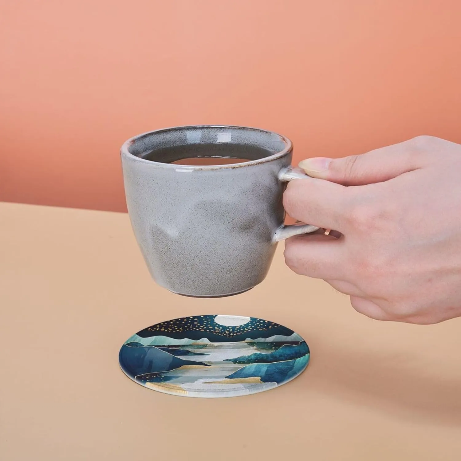 Landscape Mountain Leather Drinks Coasters with Holder, Suitable for Kinds of Cups, Set of 6