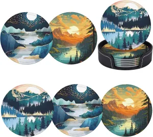 Landscape Mountain Leather Drinks Coasters with Holder, Suitable for Kinds of Cups, Set of 6
