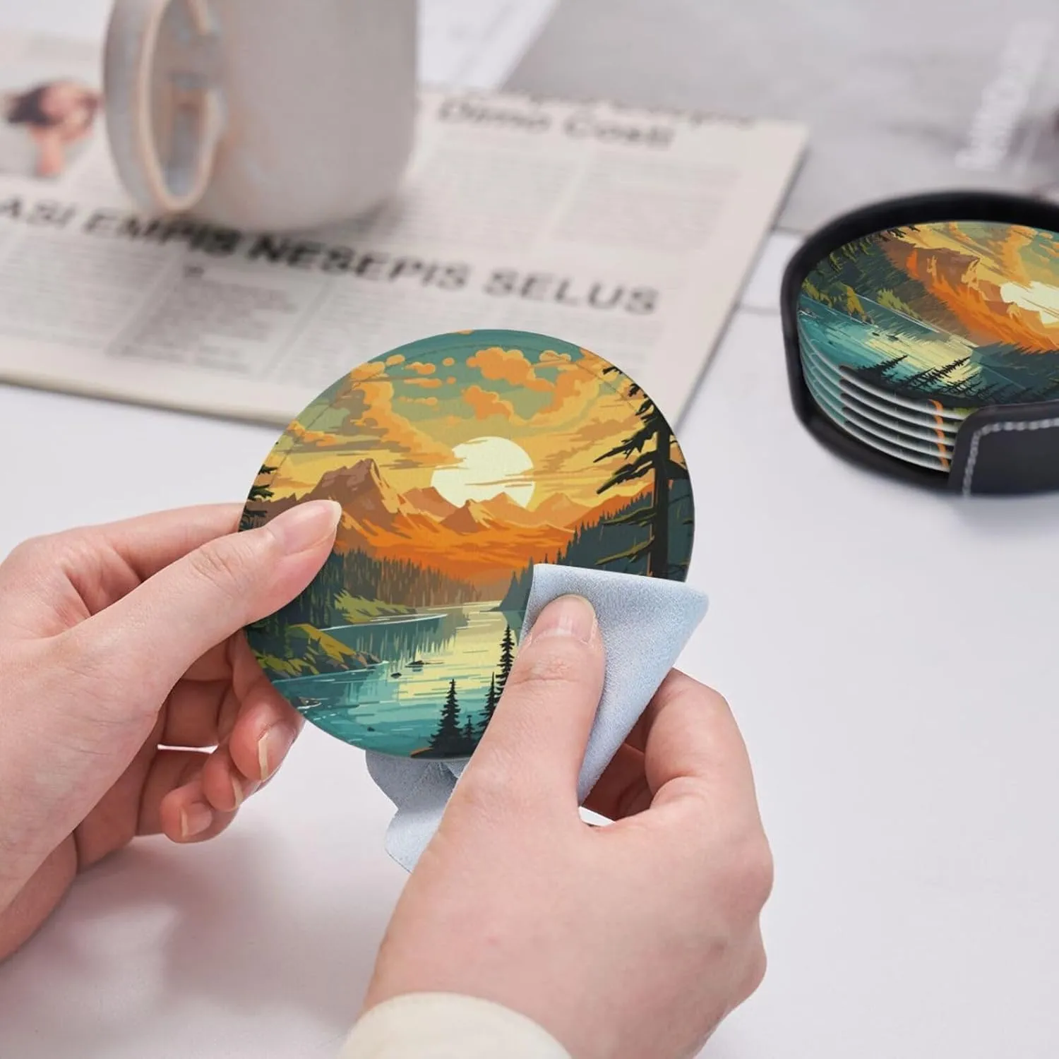 Landscape Mountain Leather Drinks Coasters with Holder, Suitable for Kinds of Cups, Set of 6