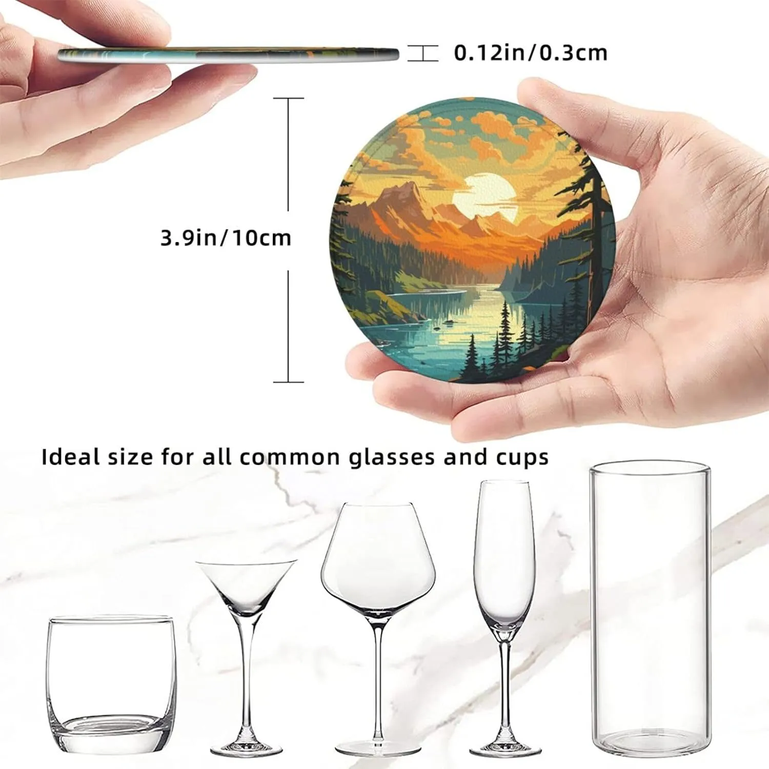 Landscape Mountain Leather Drinks Coasters with Holder, Suitable for Kinds of Cups, Set of 6