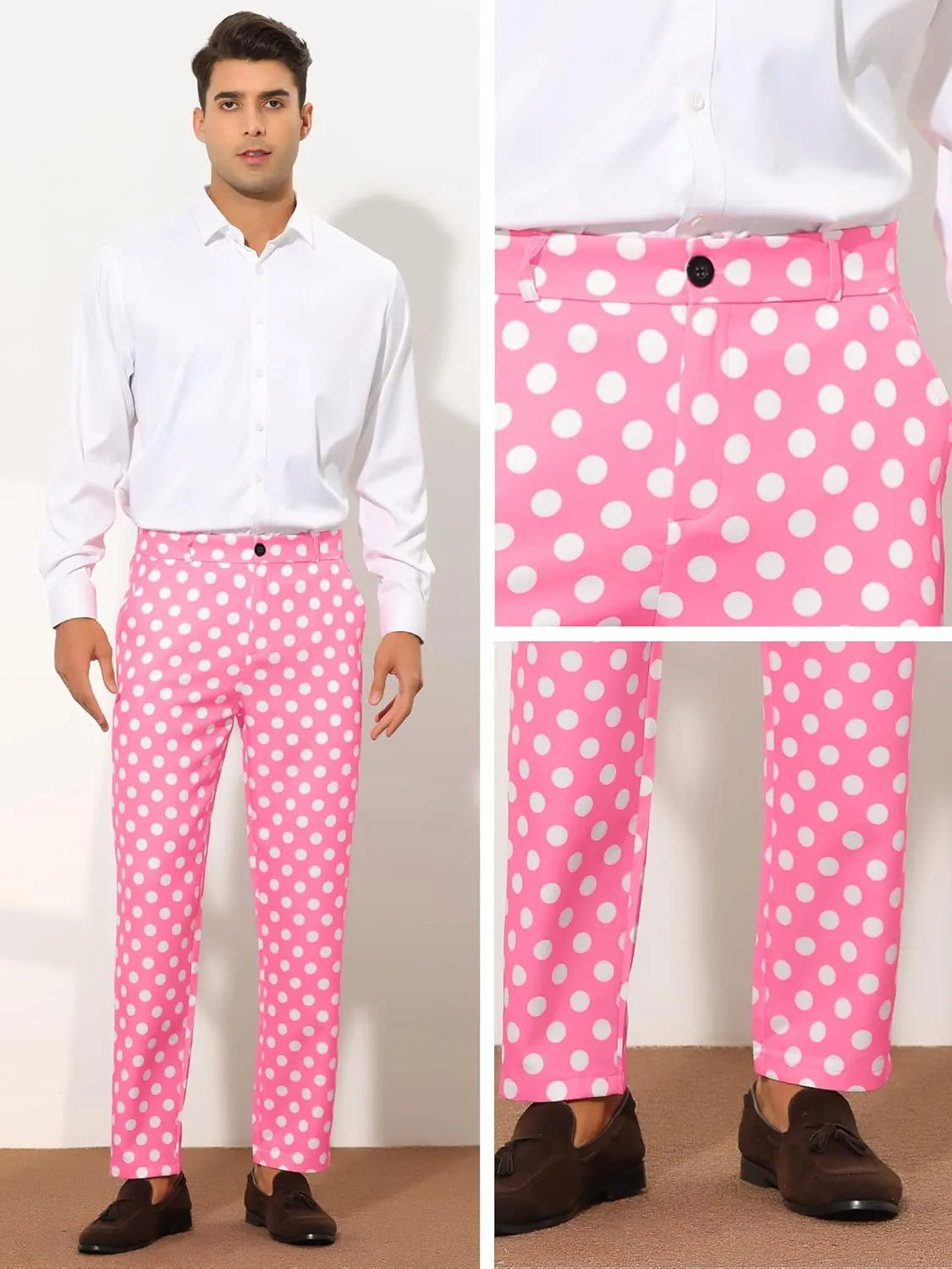 Lars Amadeus Polka Dots Dress Pants for Men's Regular Fit Flat Front Formal Printed Trousers