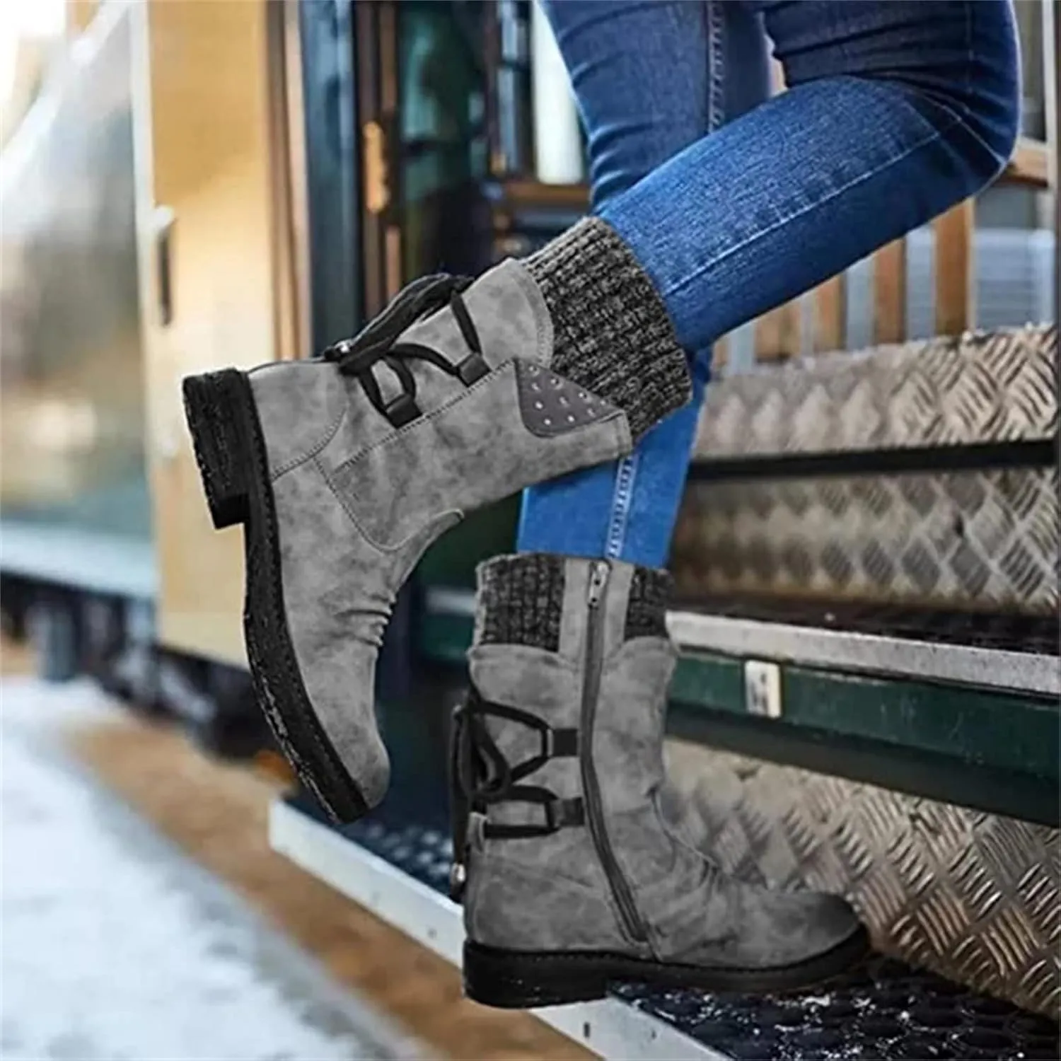 Lausiuoe Boots For Women Low Heel Mid Calf Winter Boots Side Zip Western Platform Hiking Booties Warm Non Slip Outdoor Shoes