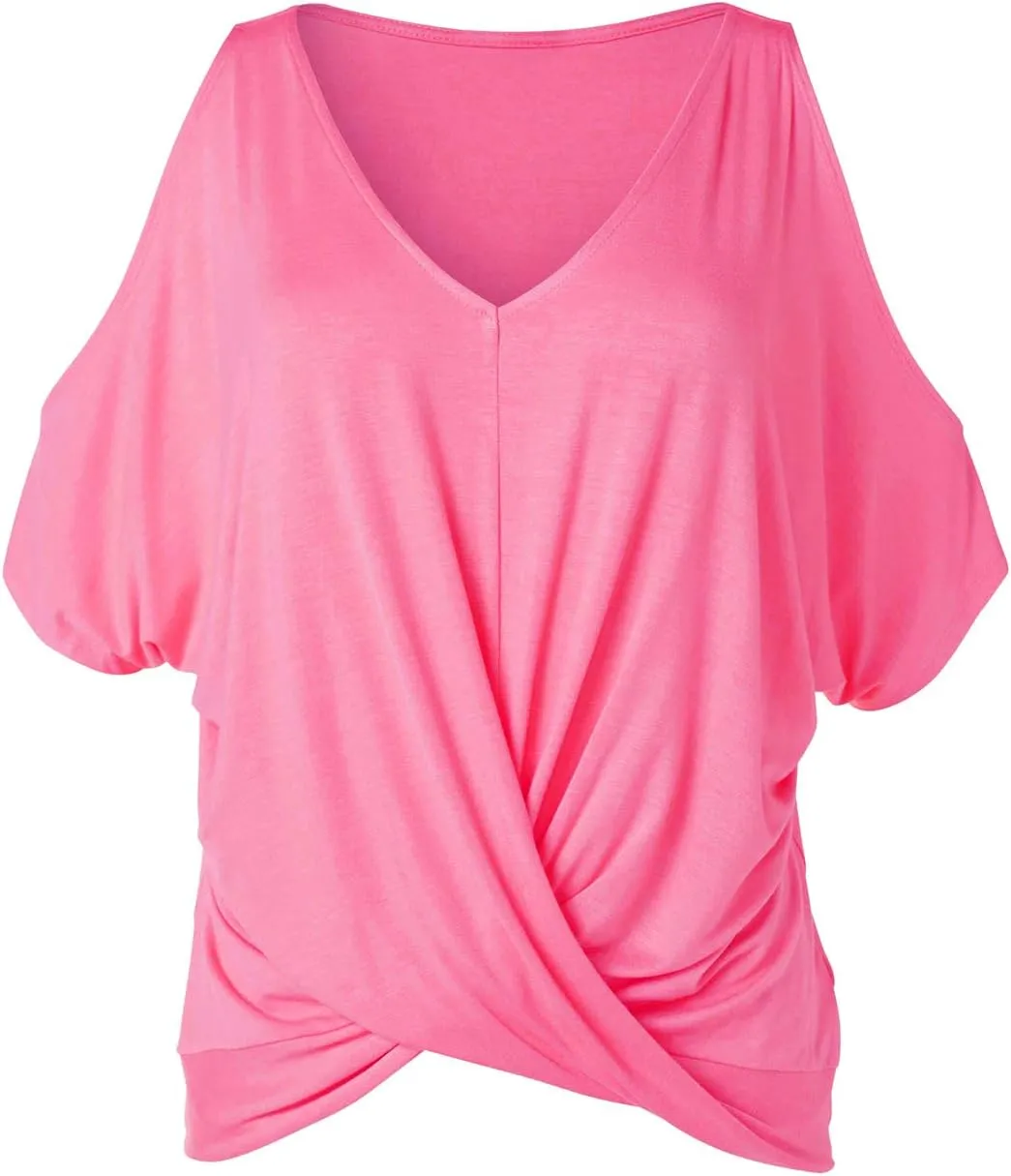 LEIYEE Womens Summer Cold Shoulder Tops Short Sleeve Front Twist Knot V Neck T Shirts Draped Blouses
