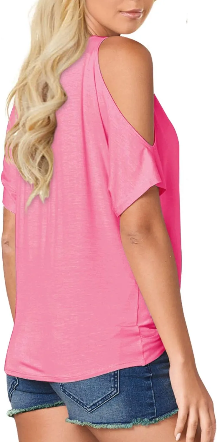 LEIYEE Womens Summer Cold Shoulder Tops Short Sleeve Front Twist Knot V Neck T Shirts Draped Blouses
