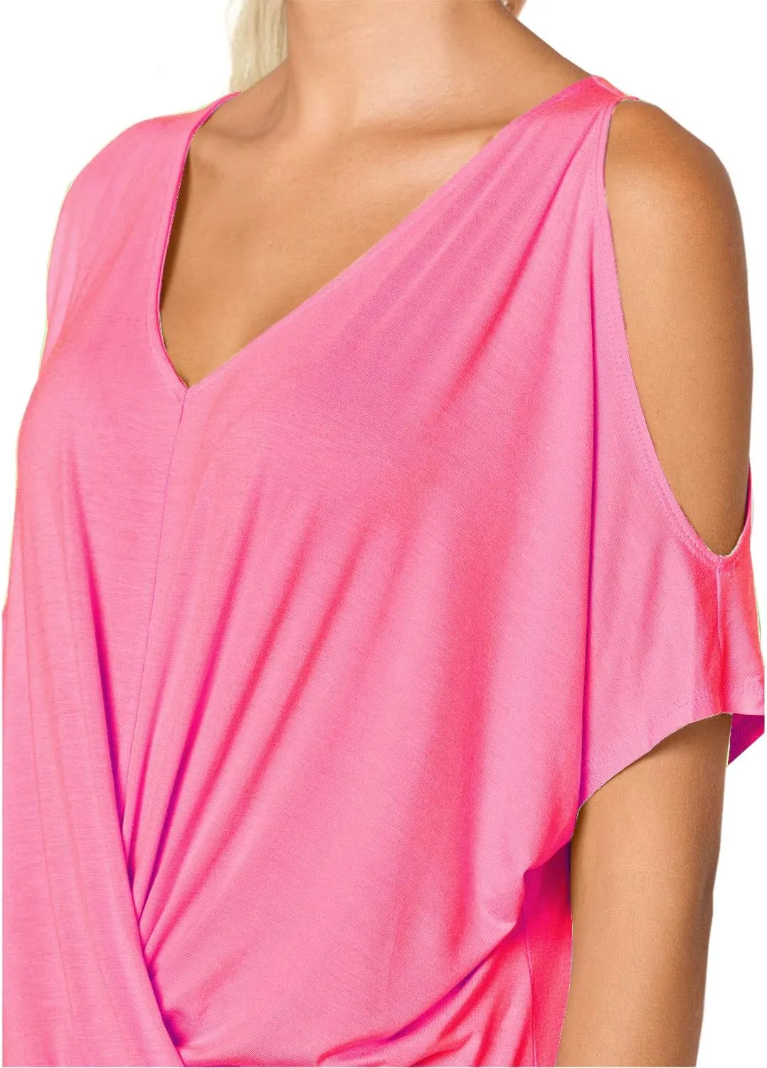 LEIYEE Womens Summer Cold Shoulder Tops Short Sleeve Front Twist Knot V Neck T Shirts Draped Blouses