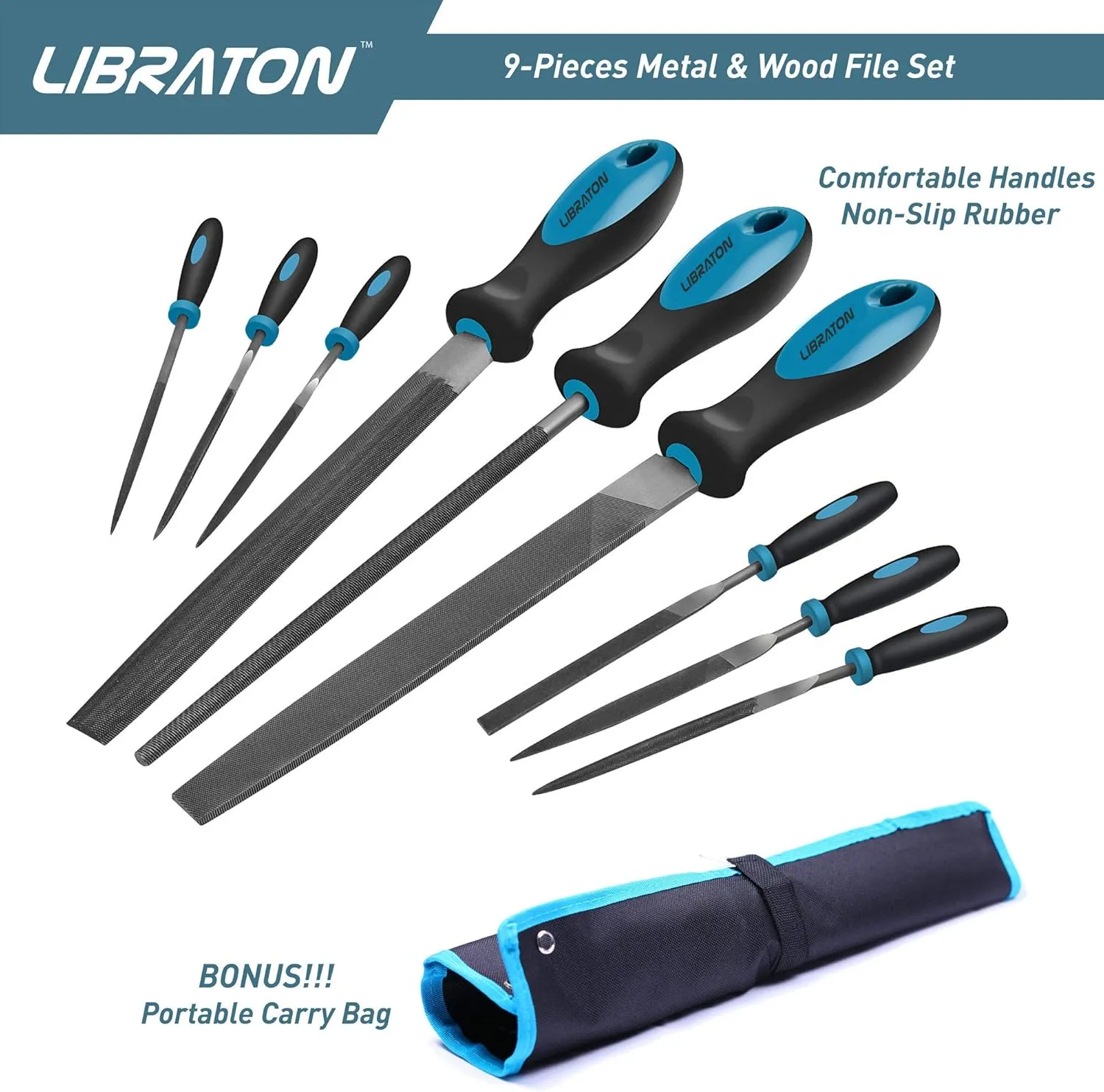 LIBRATON Metal Files 9PCs, File Set for Metal, Needle Files, Files Rasps, Flat, Round, Half-round Files for Metalworking, Metal, Woodworking, Wood, Carpentry