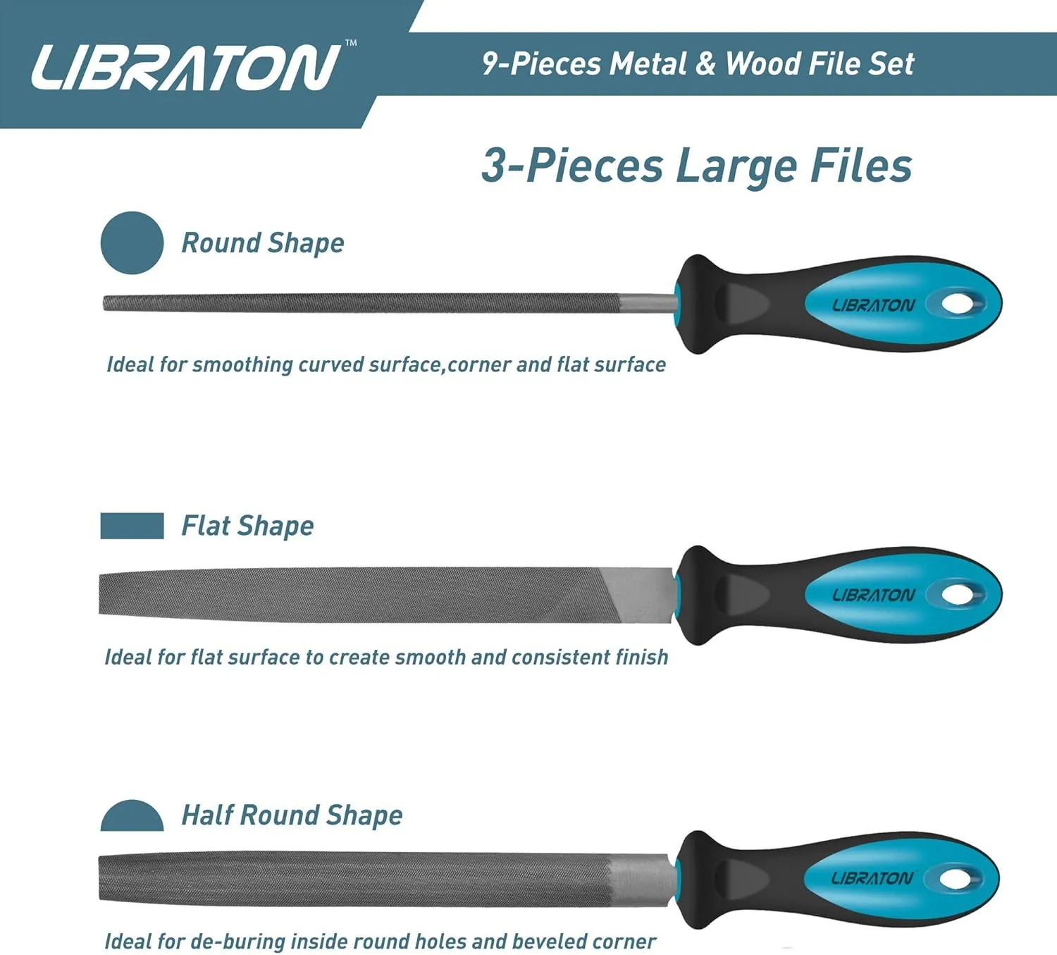 LIBRATON Metal Files 9PCs, File Set for Metal, Needle Files, Files Rasps, Flat, Round, Half-round Files for Metalworking, Metal, Woodworking, Wood, Carpentry