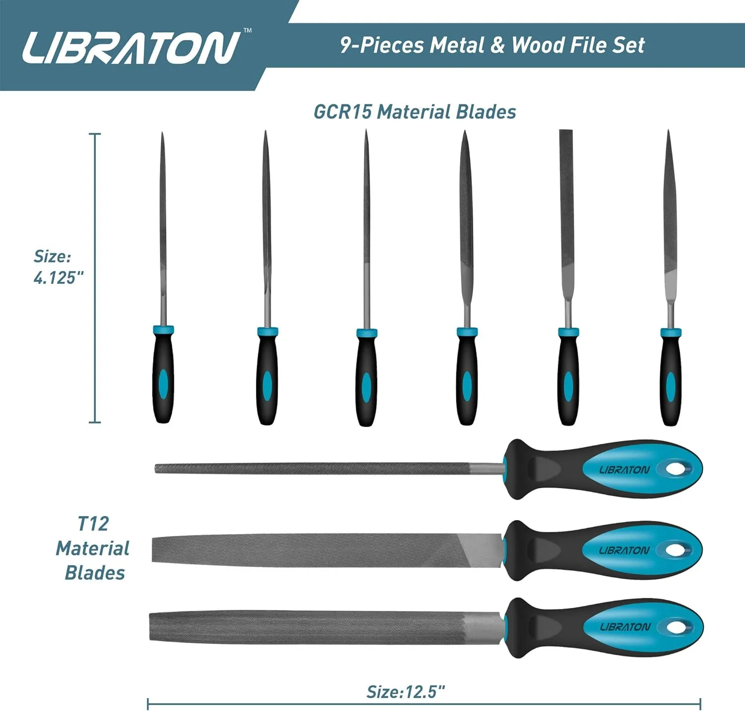 LIBRATON Metal Files 9PCs, File Set for Metal, Needle Files, Files Rasps, Flat, Round, Half-round Files for Metalworking, Metal, Woodworking, Wood, Carpentry