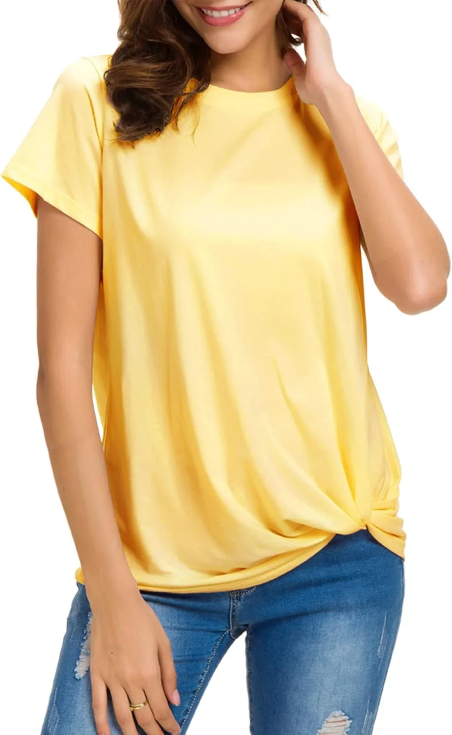 LUSMAY Womens Short Sleeve Loose Twist Knot Front T Shirts Cotton Casual Blouse