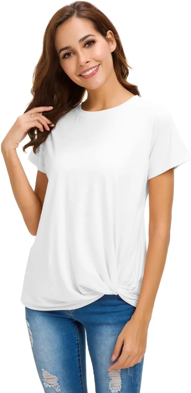 LUSMAY Womens Short Sleeve Loose Twist Knot Front T Shirts Cotton Casual Blouse