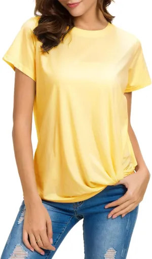 LUSMAY Womens Short Sleeve Loose Twist Knot Front T Shirts Cotton Casual Blouse