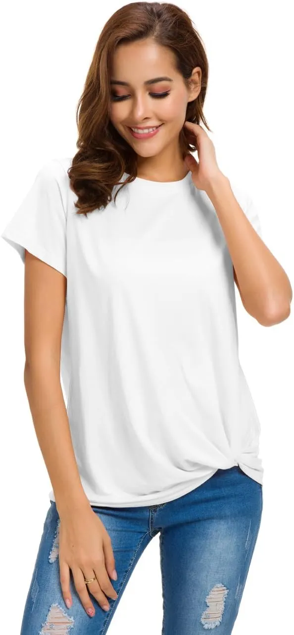 LUSMAY Womens Short Sleeve Loose Twist Knot Front T Shirts Cotton Casual Blouse