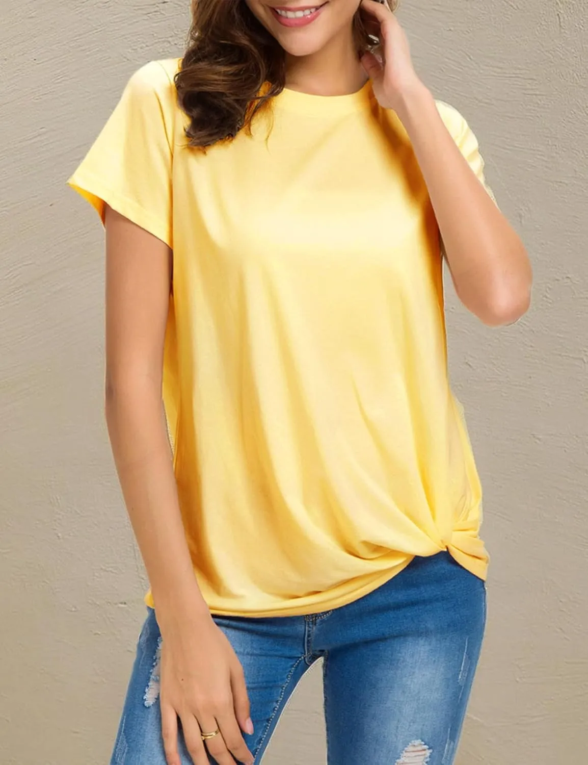 LUSMAY Womens Short Sleeve Loose Twist Knot Front T Shirts Cotton Casual Blouse