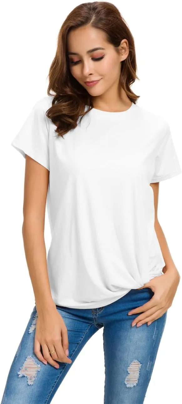 LUSMAY Womens Short Sleeve Loose Twist Knot Front T Shirts Cotton Casual Blouse