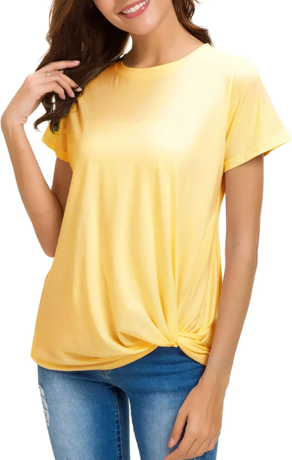 LUSMAY Womens Short Sleeve Loose Twist Knot Front T Shirts Cotton Casual Blouse