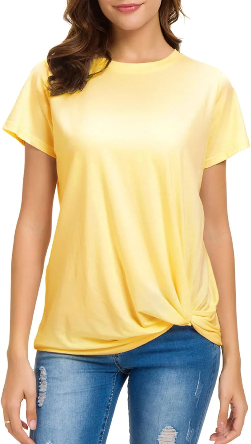 LUSMAY Womens Short Sleeve Loose Twist Knot Front T Shirts Cotton Casual Blouse