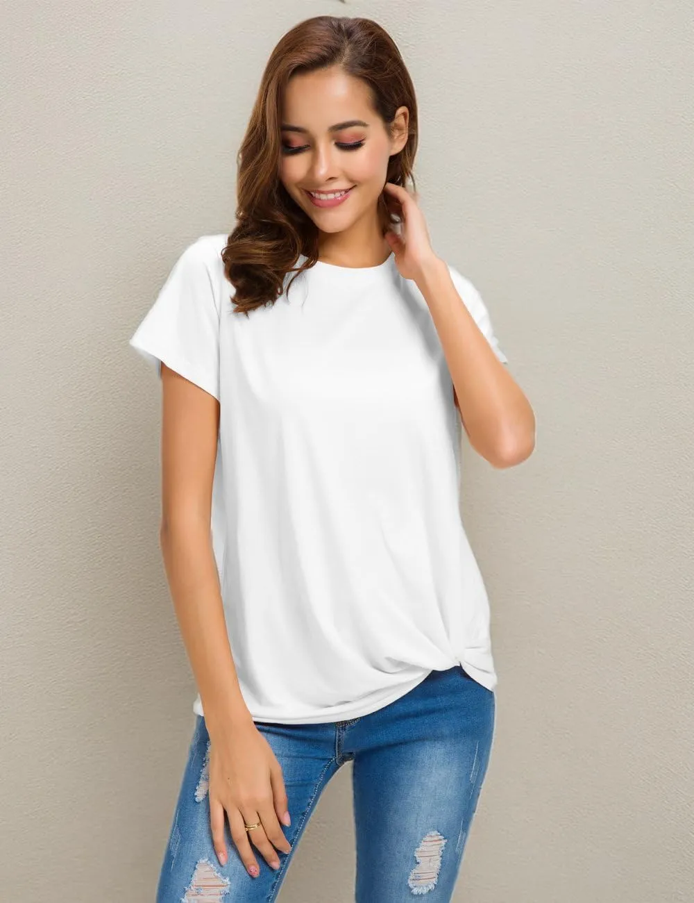 LUSMAY Womens Short Sleeve Loose Twist Knot Front T Shirts Cotton Casual Blouse
