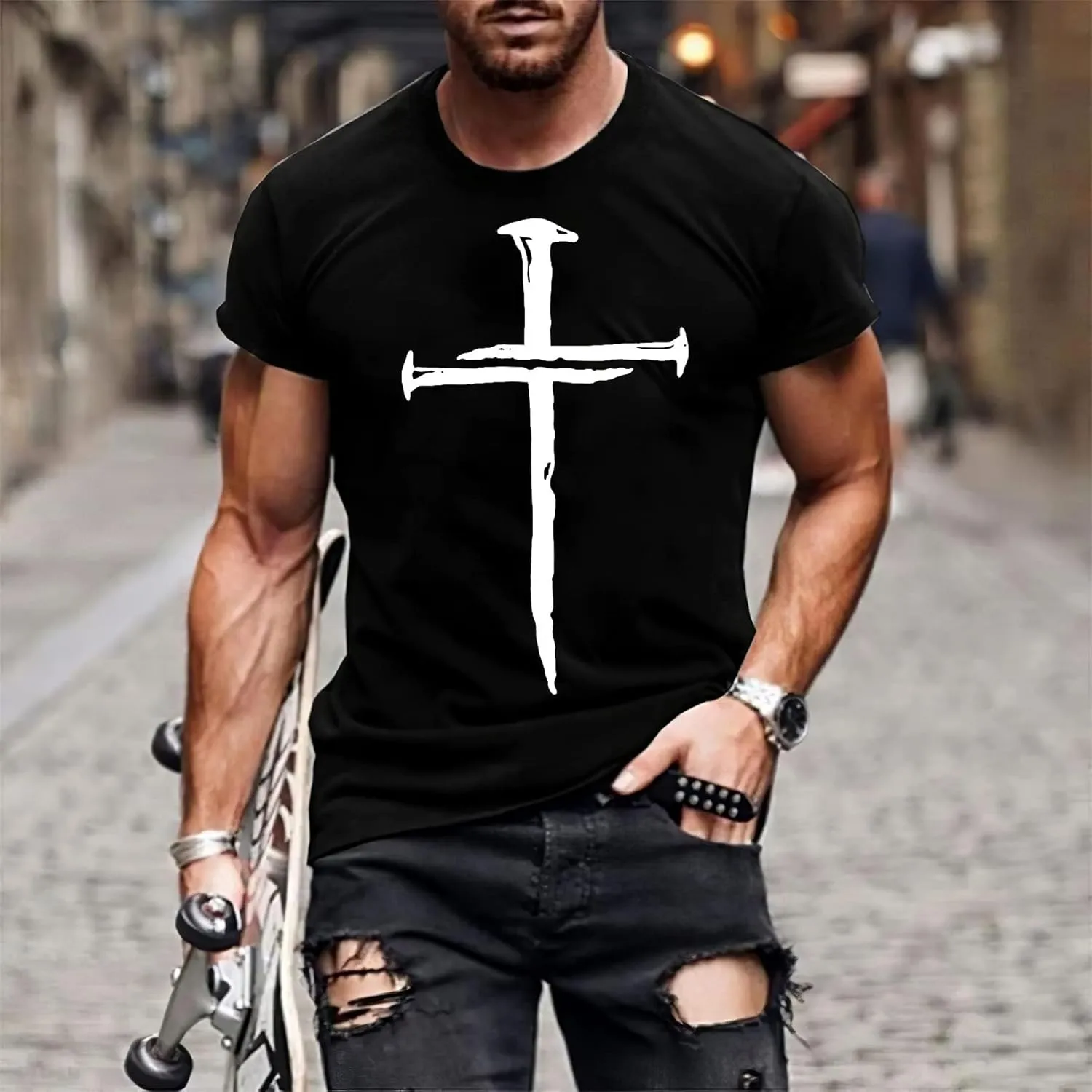 MARSVOVO Men's Vintage Oil Painting Faith Jesus Cross Print Casual T-Shirts Christ Crewneck Short Sleeve Shirts for Men