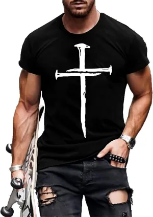 MARSVOVO Men's Vintage Oil Painting Faith Jesus Cross Print Casual T-Shirts Christ Crewneck Short Sleeve Shirts for Men