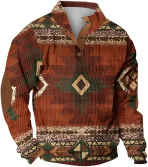Men Shirts Casual Long Sleeve Aztec Ethnic Quarter Zip Lightweight Sweatshirt Causal Ethnic Print Button Pullover