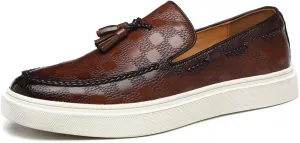Men's Classic Business Plaid Pattern Leather Tasseled Loafers Comfortable Round Toe Non-Slip Flat Walking Shoes