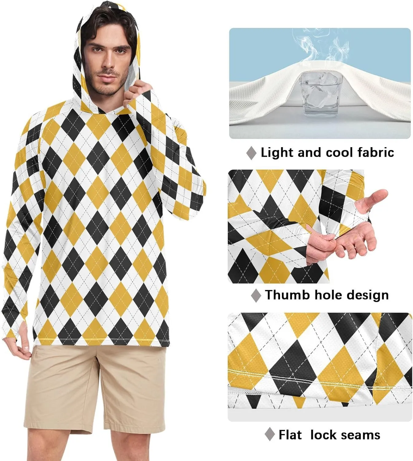 Mens Sun Protection Hoodie Long Sleeve Argyle Plaid Fishing Shirt UPF 50  Clothing Hood Shirts Rash Guard Men UV