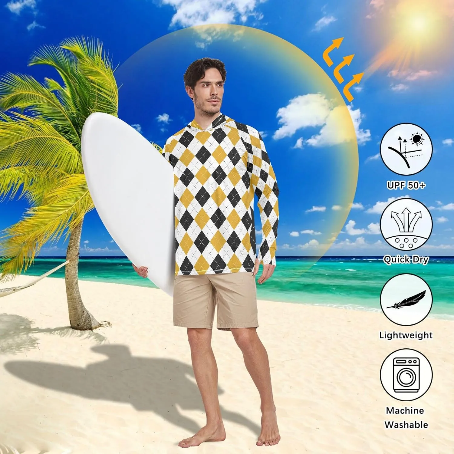 Mens Sun Protection Hoodie Long Sleeve Argyle Plaid Fishing Shirt UPF 50  Clothing Hood Shirts Rash Guard Men UV