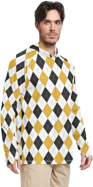 Mens Sun Protection Hoodie Long Sleeve Argyle Plaid Fishing Shirt UPF 50  Clothing Hood Shirts Rash Guard Men UV