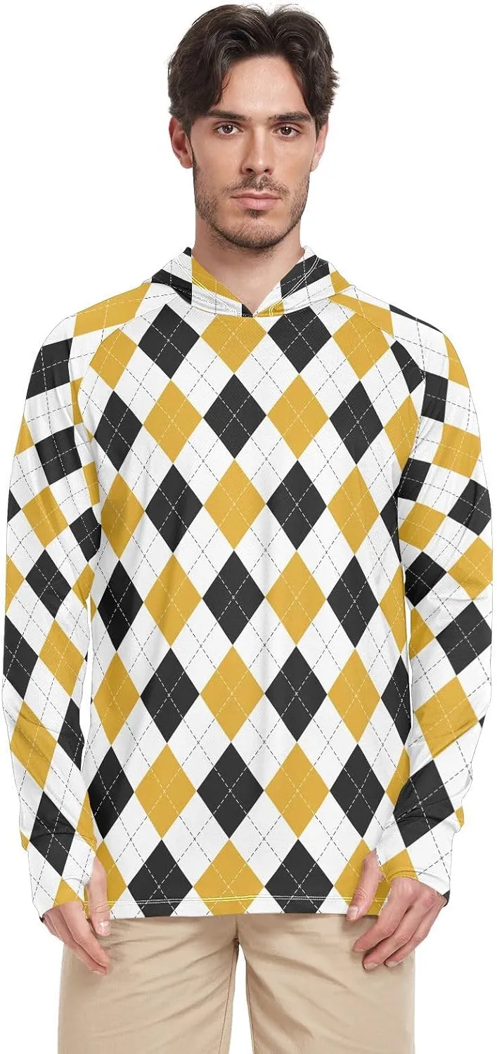 Mens Sun Protection Hoodie Long Sleeve Argyle Plaid Fishing Shirt UPF 50  Clothing Hood Shirts Rash Guard Men UV