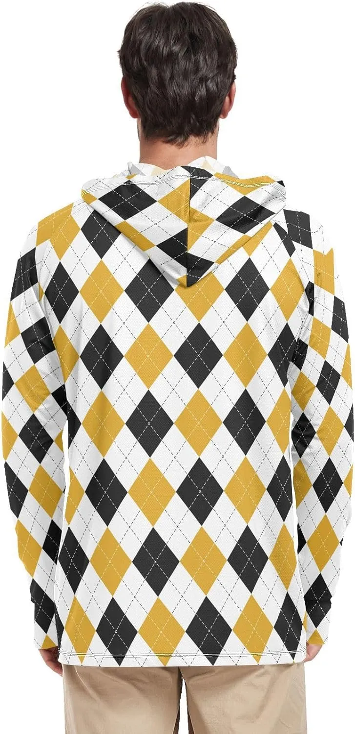 Mens Sun Protection Hoodie Long Sleeve Argyle Plaid Fishing Shirt UPF 50  Clothing Hood Shirts Rash Guard Men UV
