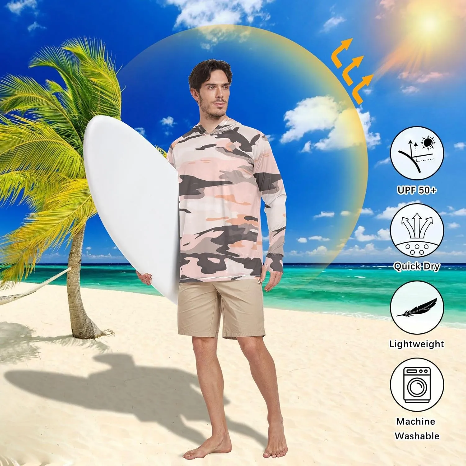 Mens Sun Protection Hoodie Long Sleeve Quick-Dry UPF 50  Rash Guard for Men