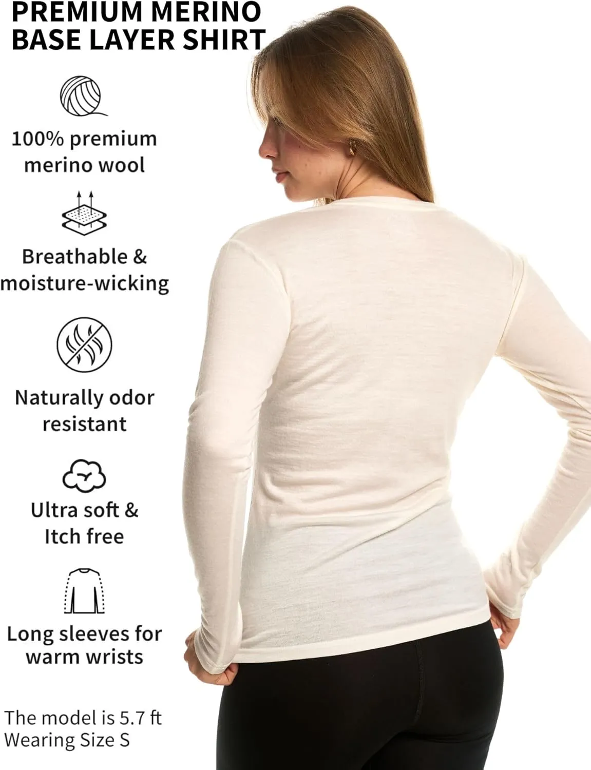 Merino Wool Base Layer Women - 100% Merino Wool Shirt Women Thermal Underwear Long Sleeve T-Shirt for Hiking