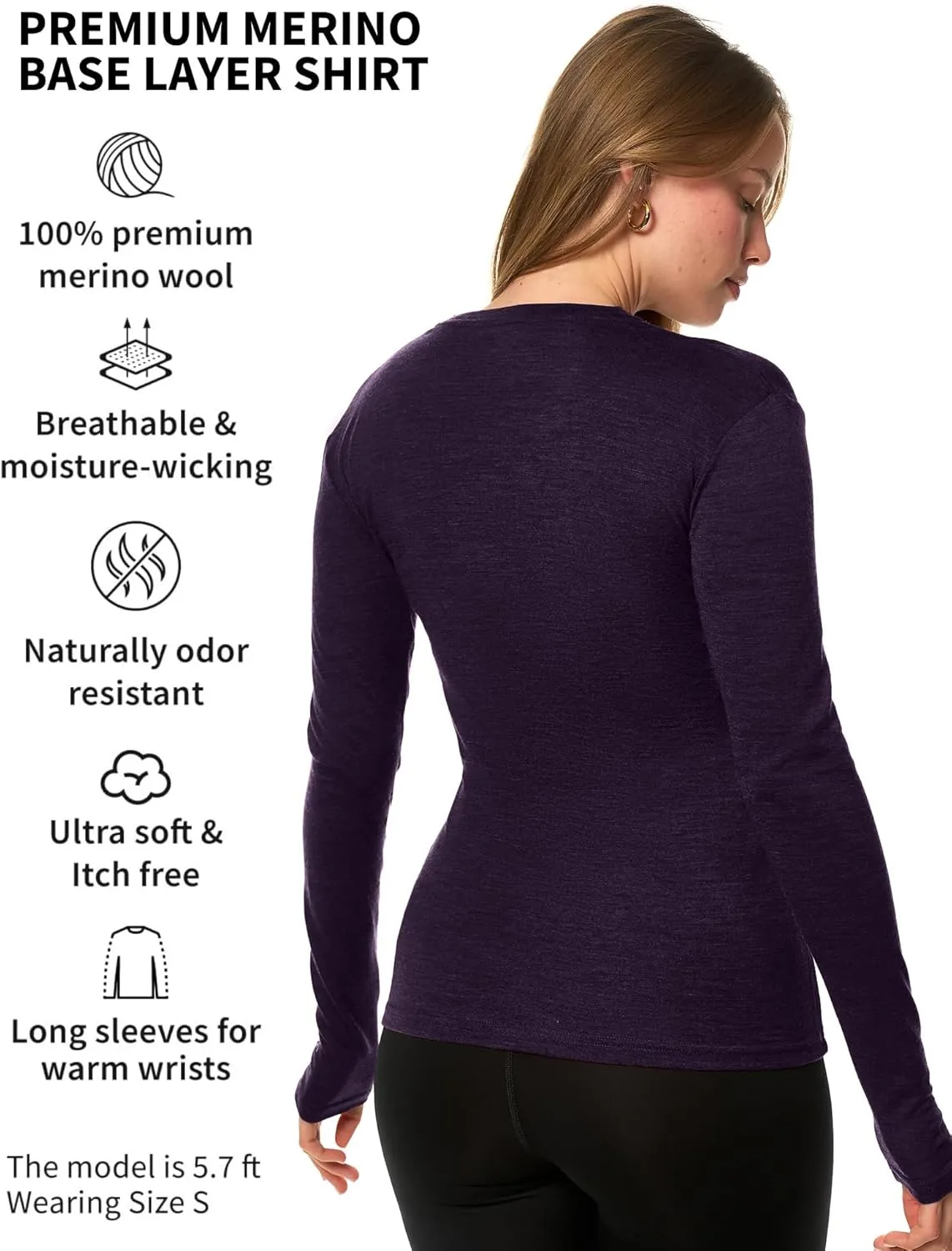 Merino Wool Base Layer Women - 100% Merino Wool Shirt Women Thermal Underwear Long Sleeve T-Shirt for Hiking