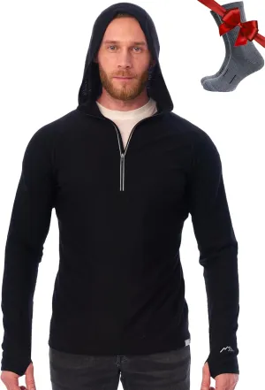 Merino.tech 100% Merino Wool Hoodie Men - Slim Fit Merino Wool Base Layer Mens Half Zip Thermal Long Sleeve Shirt and Socks