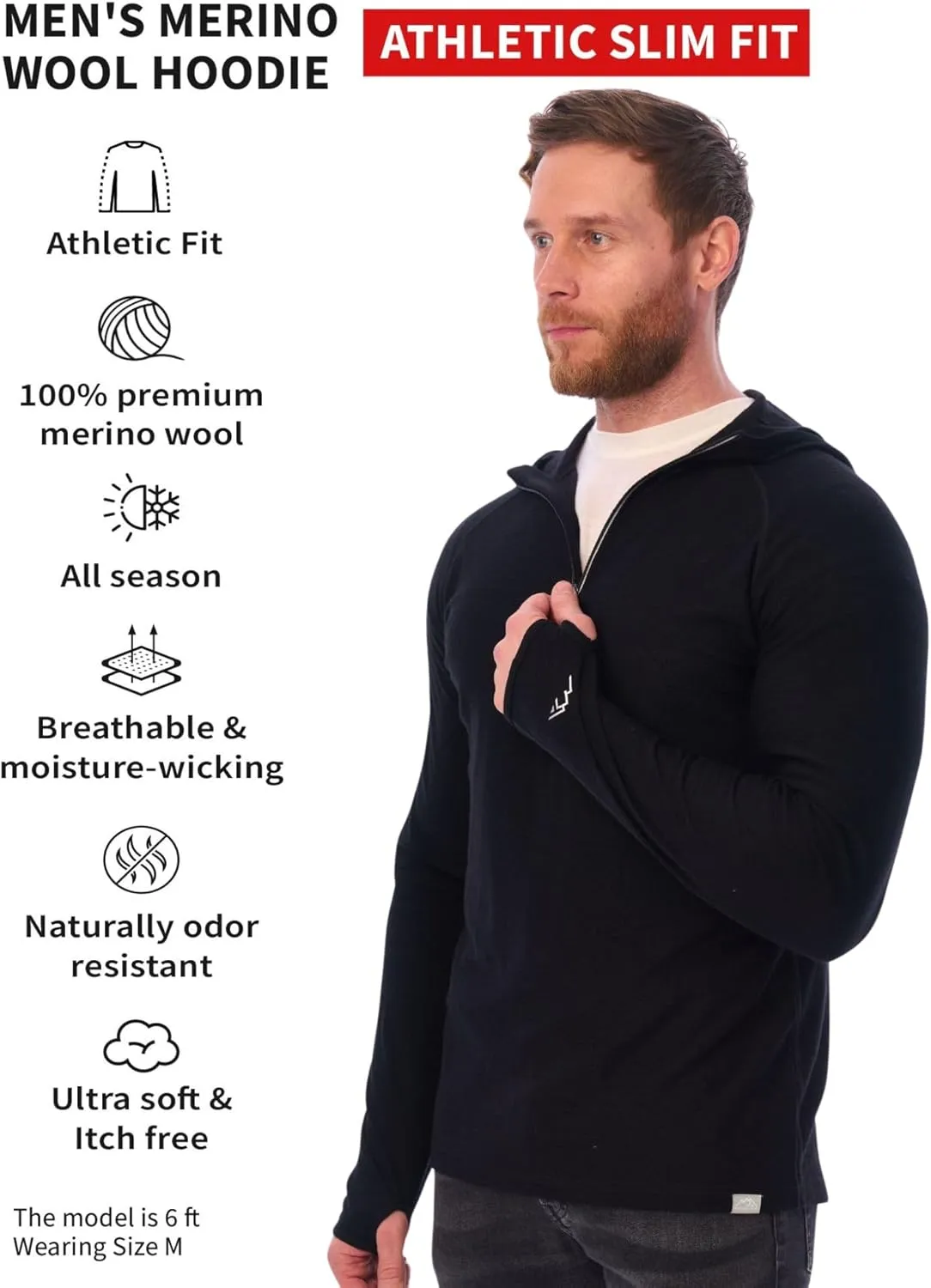 Merino.tech 100% Merino Wool Hoodie Men - Slim Fit Merino Wool Base Layer Mens Half Zip Thermal Long Sleeve Shirt and Socks