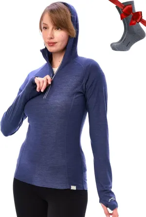 Merino.tech Merino Wool Hoodie Women - Slim Fit 100% Merino Wool Base Layer Women Half Zip Thermal Long Sleeve Shirt & Socks